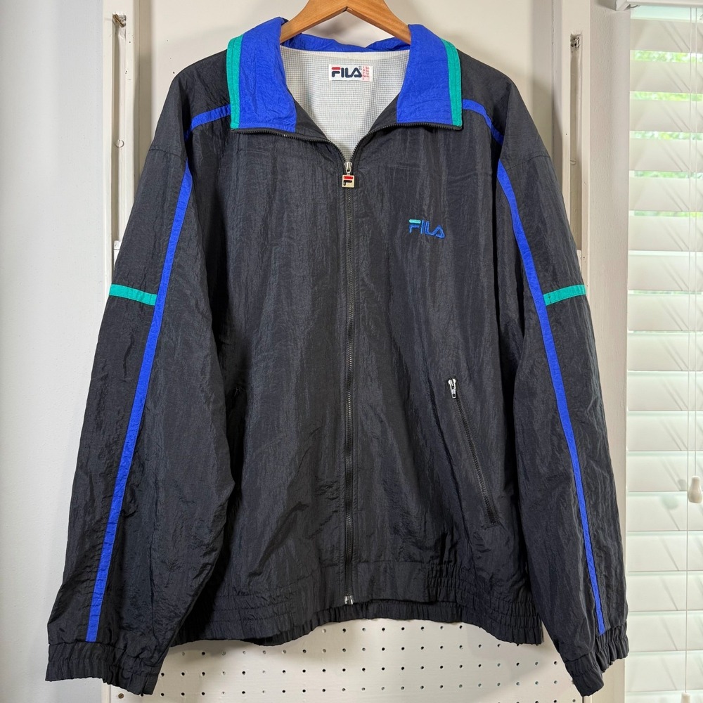 Vintage 90s FILA Windbreaker Jacket Men's Black Blue Lined Full Zip Sports 46 XL